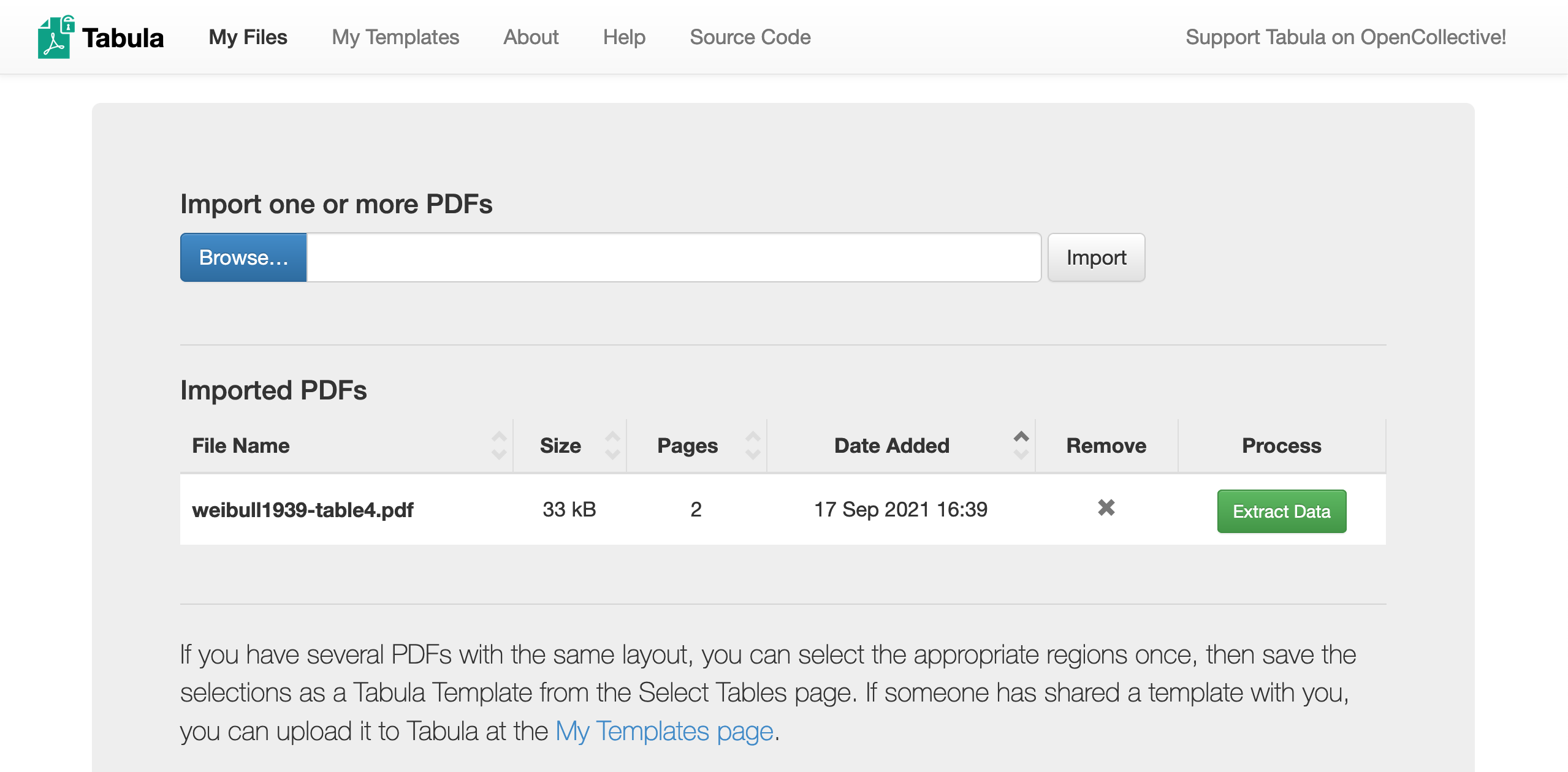 Tabula's interface: Click  to find the example PDF