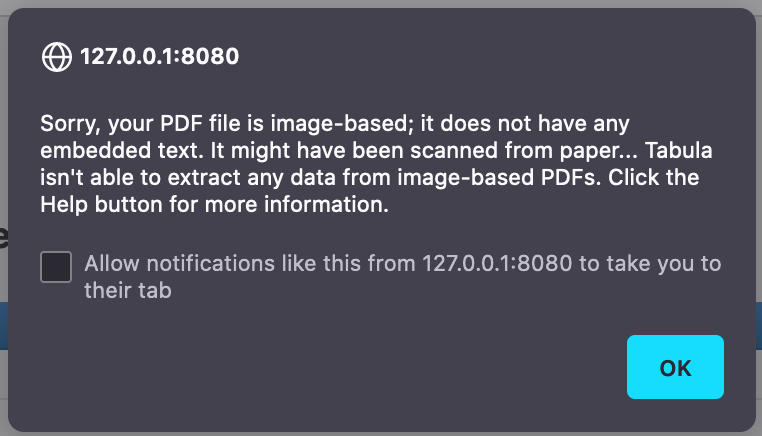 Tabula's warning of an image-based PDF